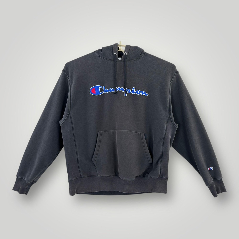 Champion Hoodie Mens XL Faded Black Reverse Weave Big Logo Pullover Sweatshirt
